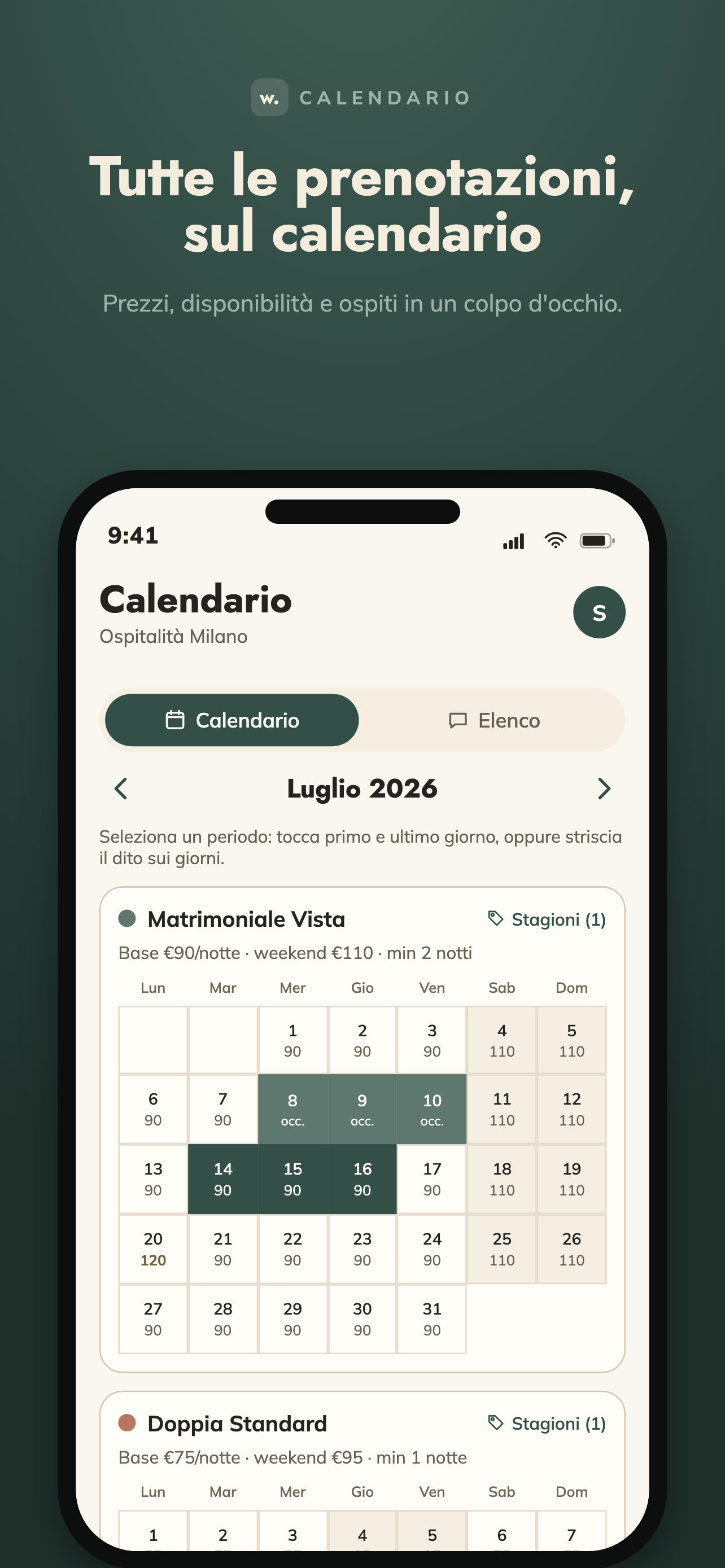 Schermata Prenotazioni e calendario